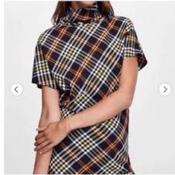 Zara Plaid Asymmetrical Mock Neck Bias Cut Top XL - Picture 1 of 9